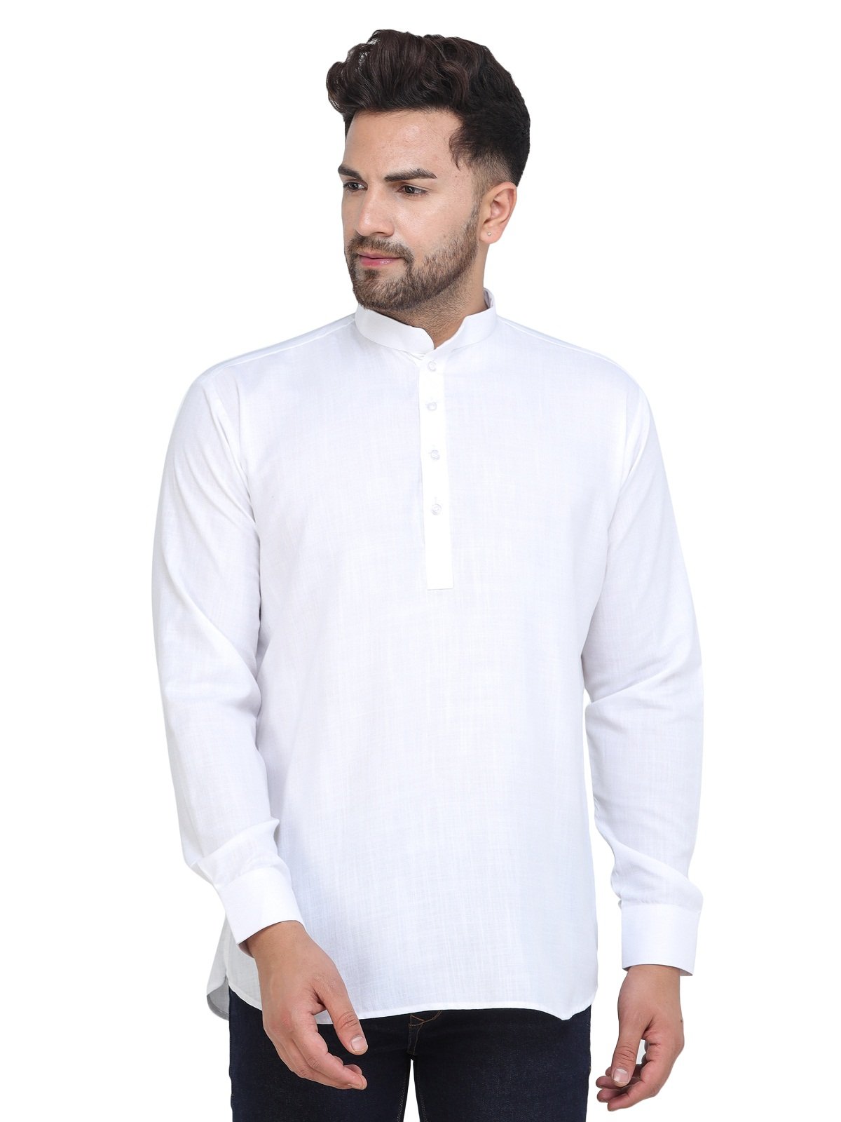 Mag Men's White Casual Cotton Blend Short kurta for men