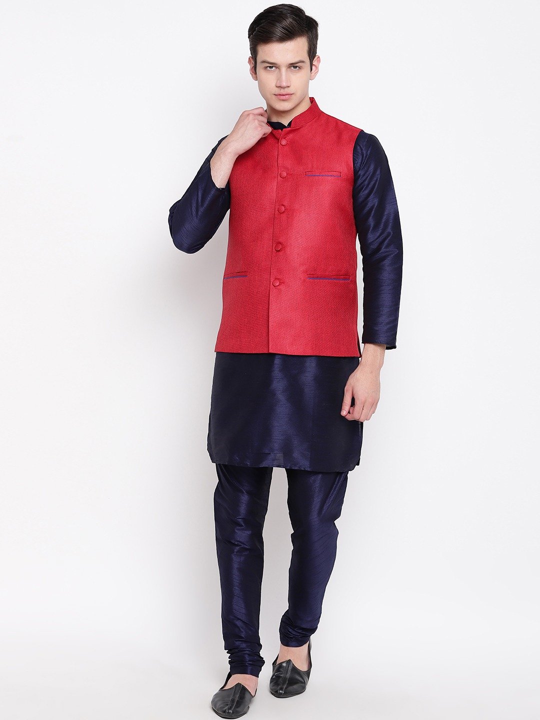Mag Men's Navy Blue Matching Kurta Churidar With Red Joot Waiscoat
