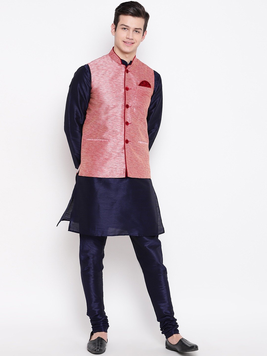 Mag Men's Navy Blue Matching Kurta Churidar With Pink Waiscoat For Men