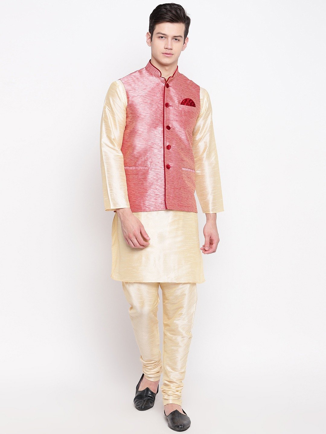 Mag Men's Gold Maching Kurta Churidar With Pink Waiscoat For Men