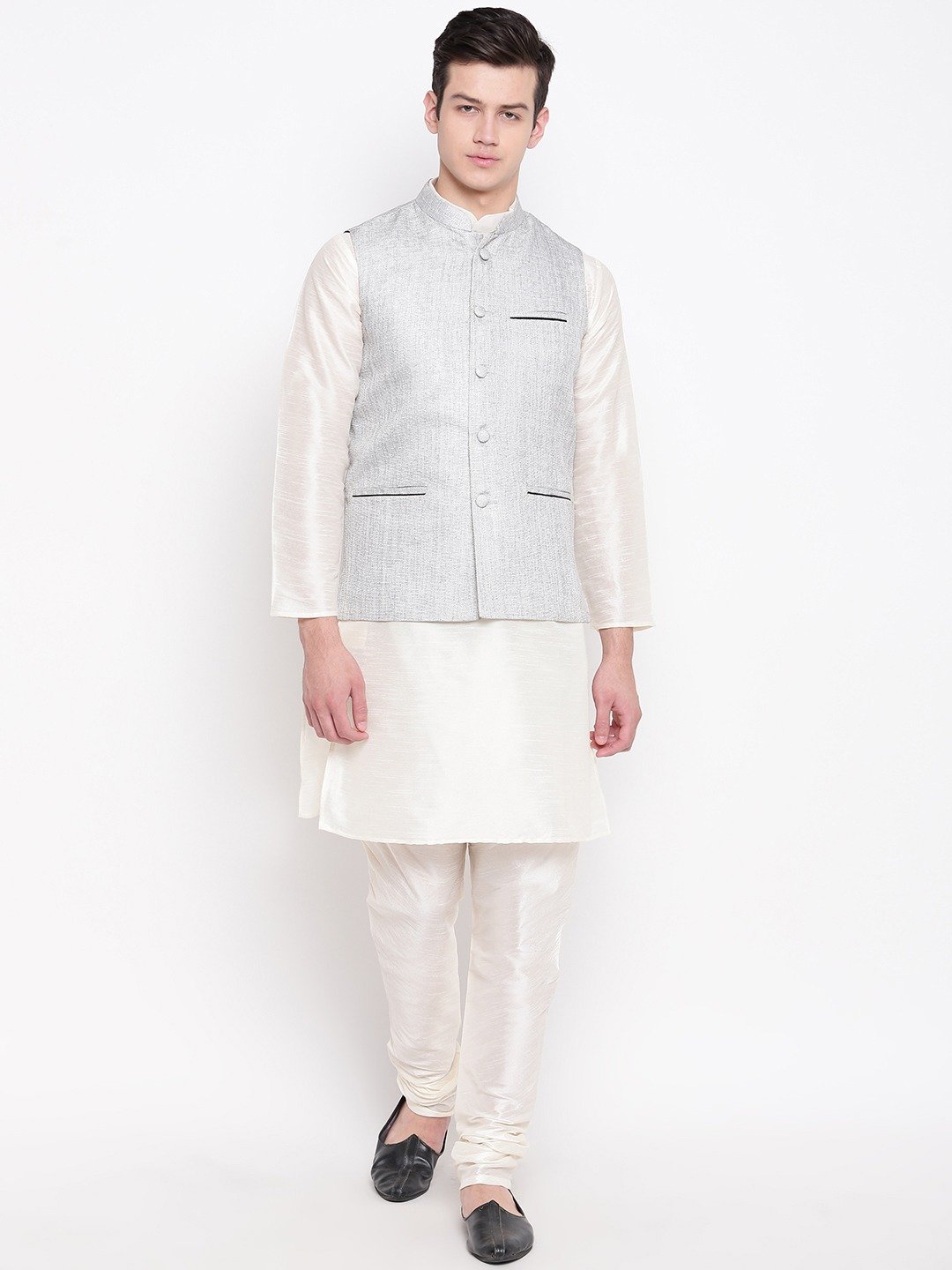 Mag Men's White Matching Kurta Churidar With Gray Joot Waiscoat For Men