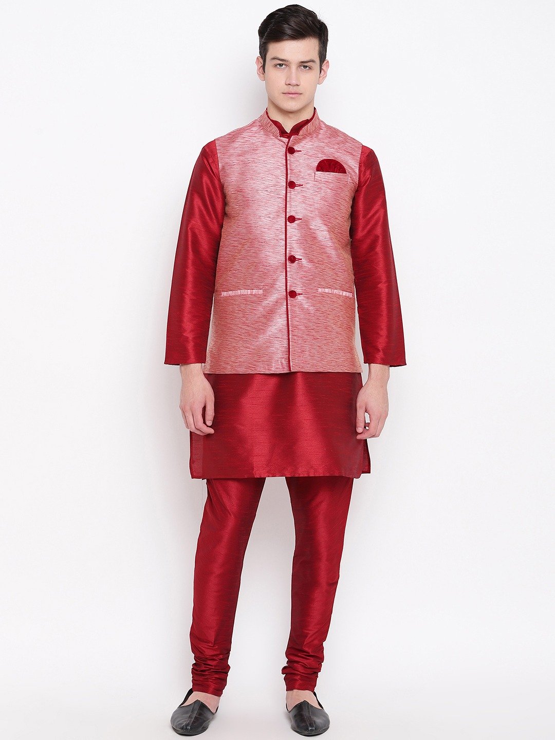 Mag Men's Red Matching Kurta Churidar With Pink Waiscoat  For Men