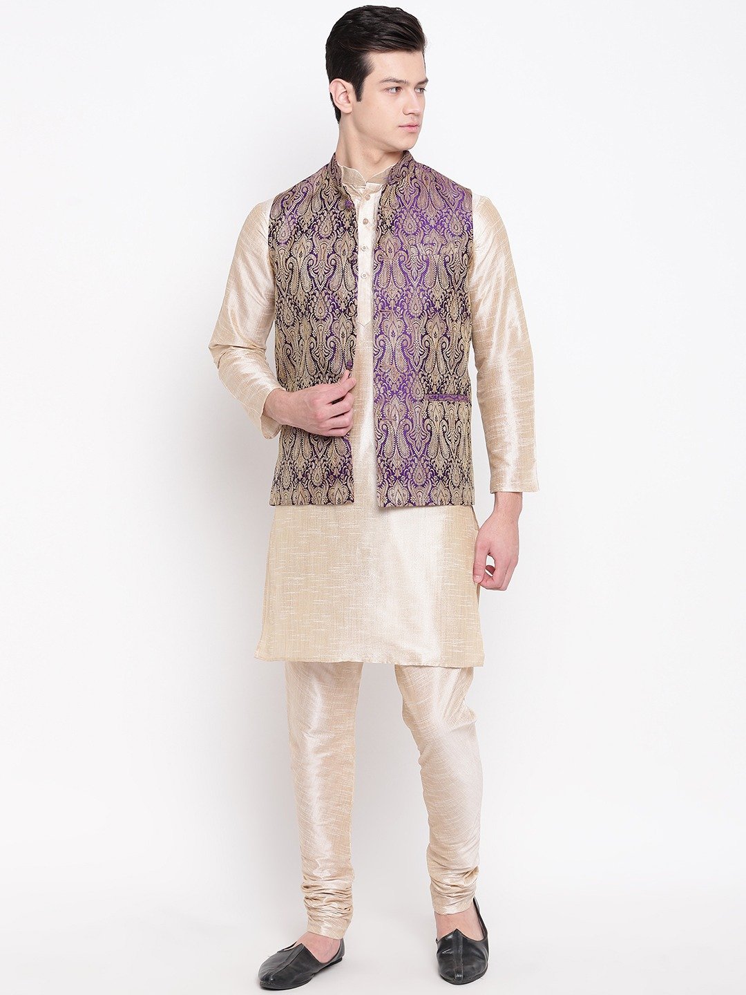 Mag Men's Double Tone Matching Kurta Churidar With  Purple Waiscoat For Men