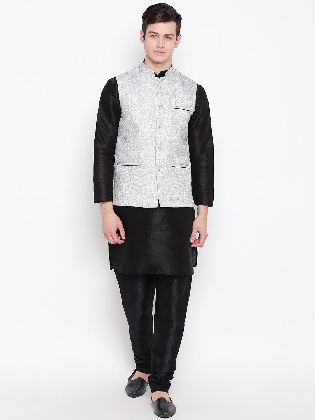 Mag Men's Black Matching Kurta Churidar With Gray Joot Waiscoat For Men