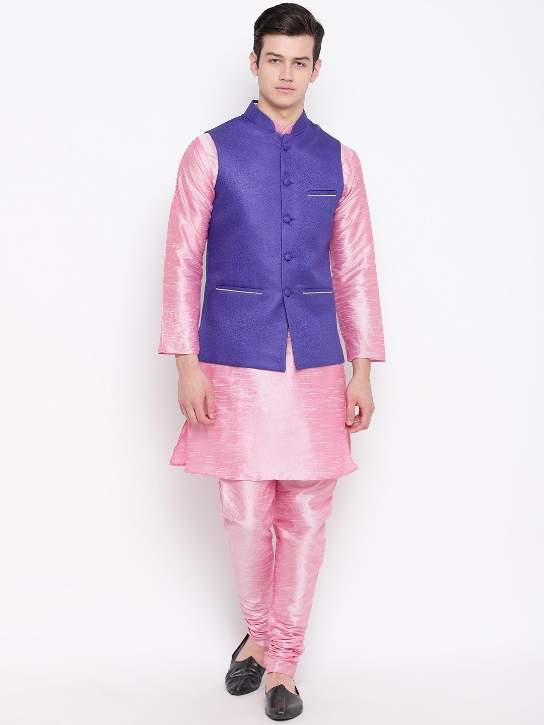 Mag Men's Pink Matching Kurta Churidar With Royal Blue Joot Waiscoat For Men