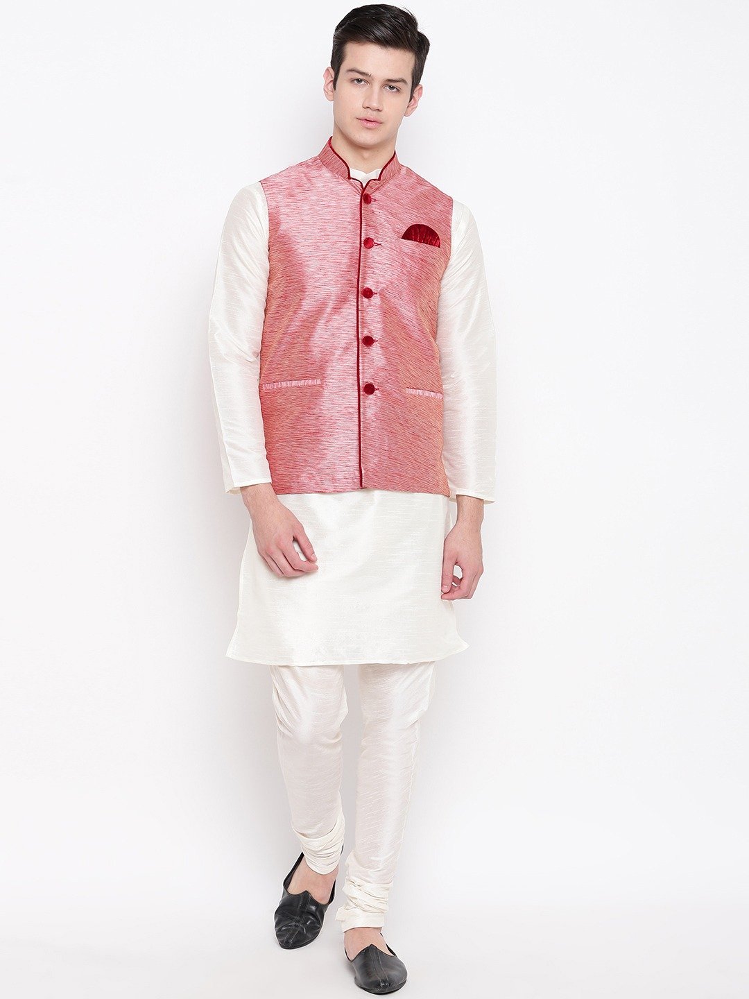 Mag Men's White Matching Kurta Churidar With Pink Waiscoat For Men