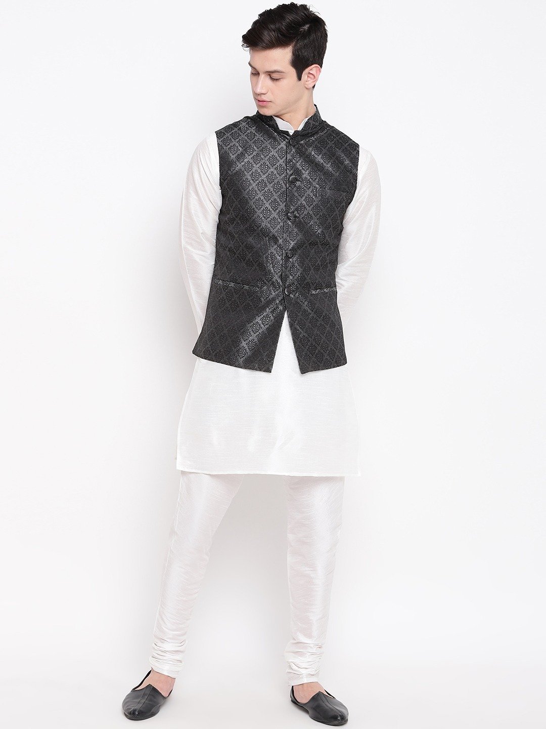 Mag Men's White Matching Kurta Churidar With Black 2nd Waiscoat For Men