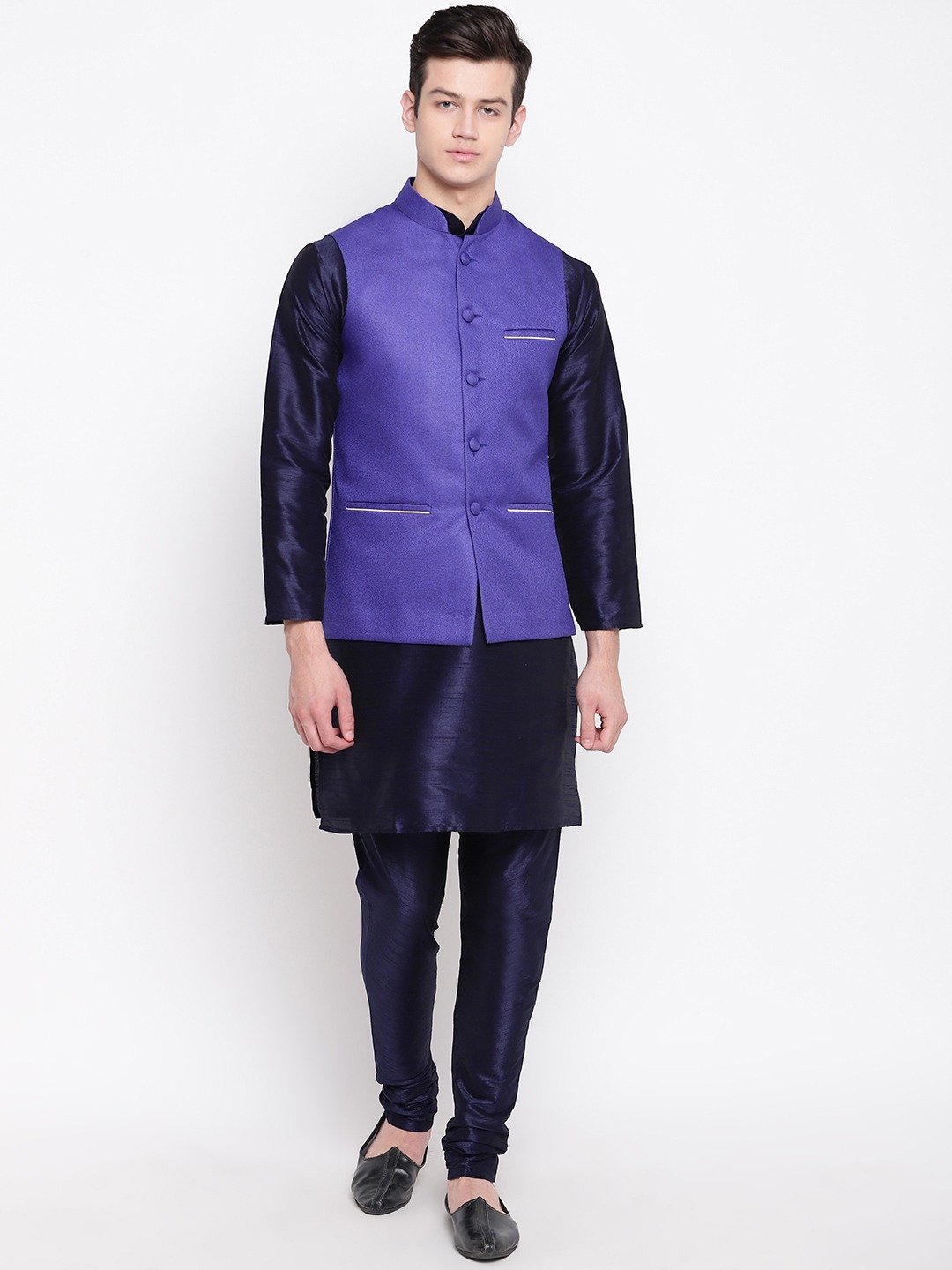 Mag Men's Black Matching Kurta Churidar With Royal Blue Joot Waiscoat For Men