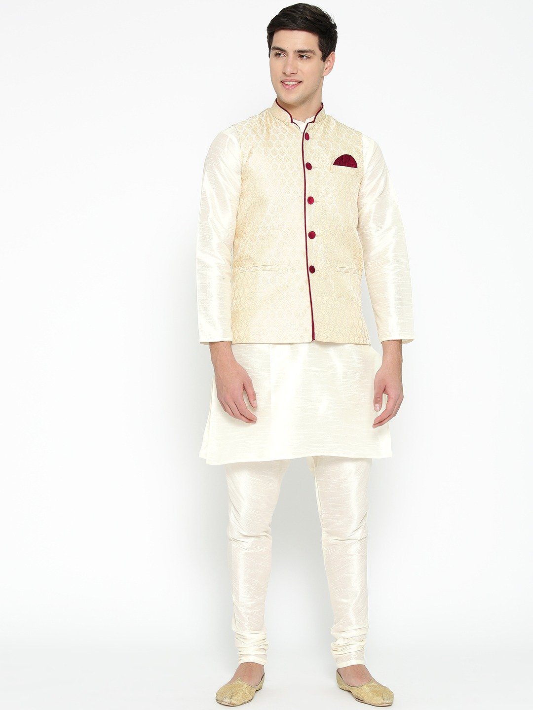 Mag Men's Cream Matching Kurta Churidar With Gold Waiscoat For Men
