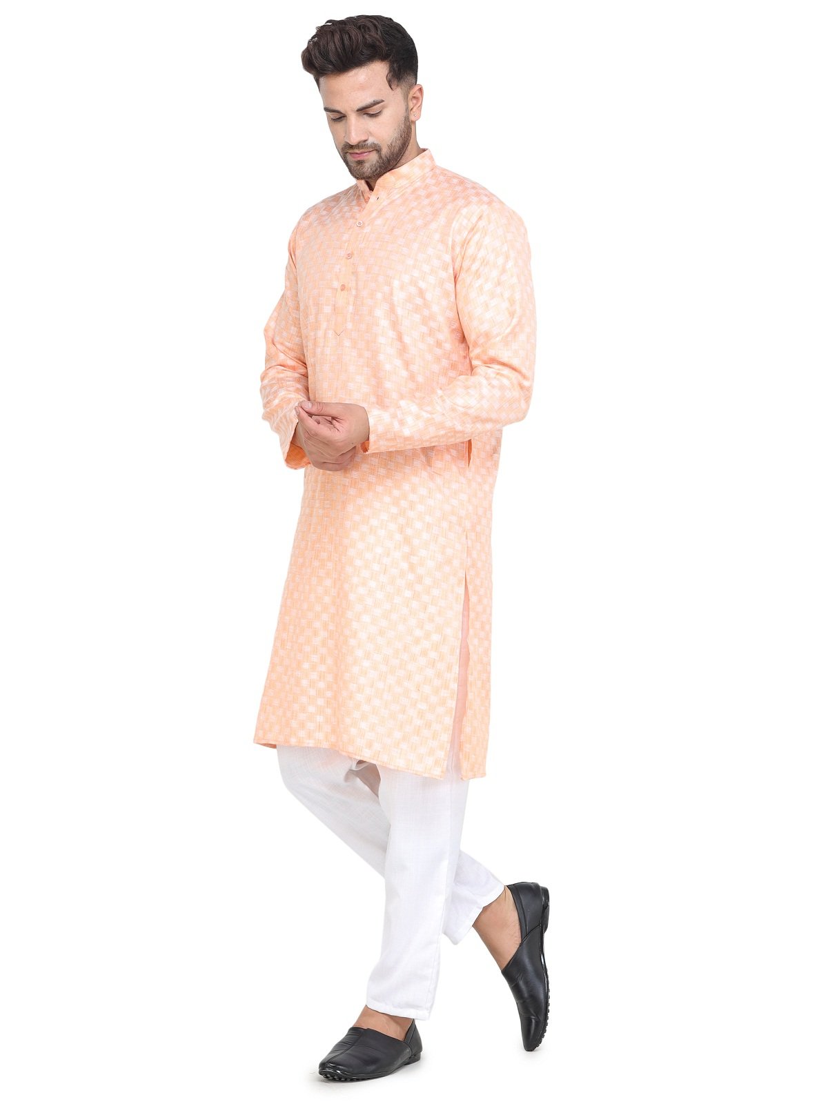 Men's Light Orange Casual Cotton Blend Check kurta pyjama set for men