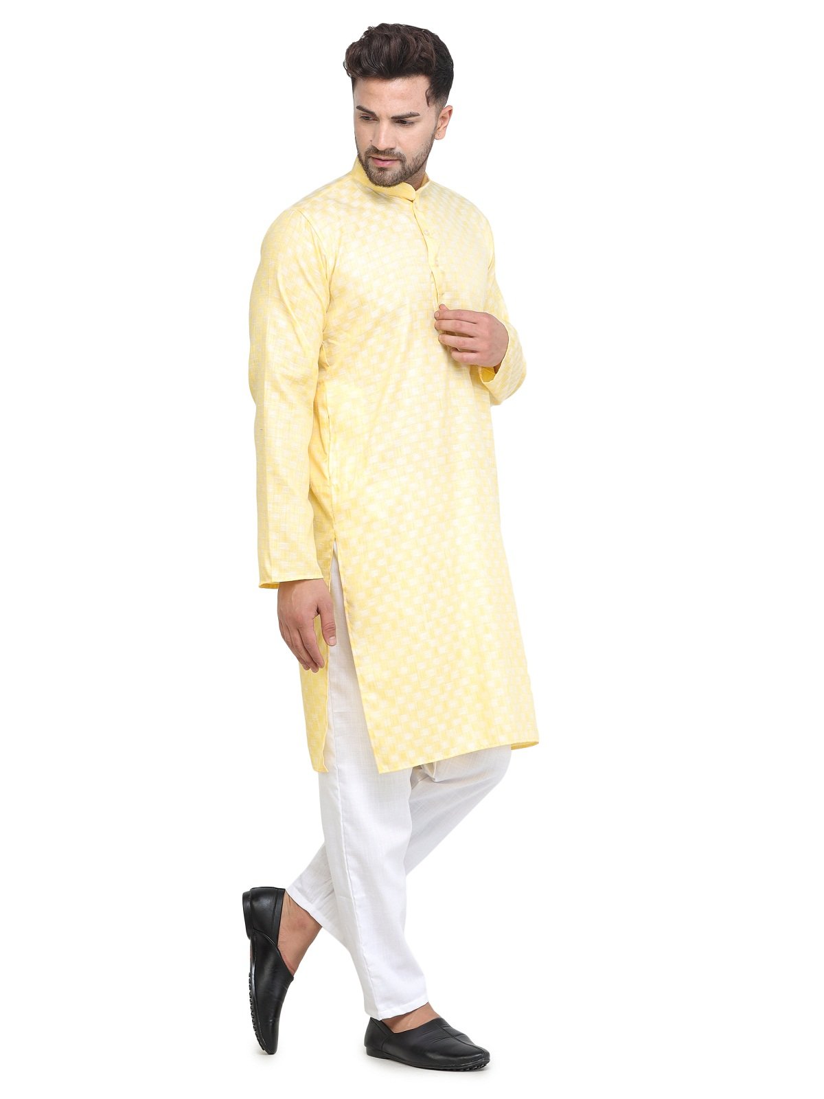 Men's Light Yellow Casual Cotton Blend Check kurta pyjama set for men