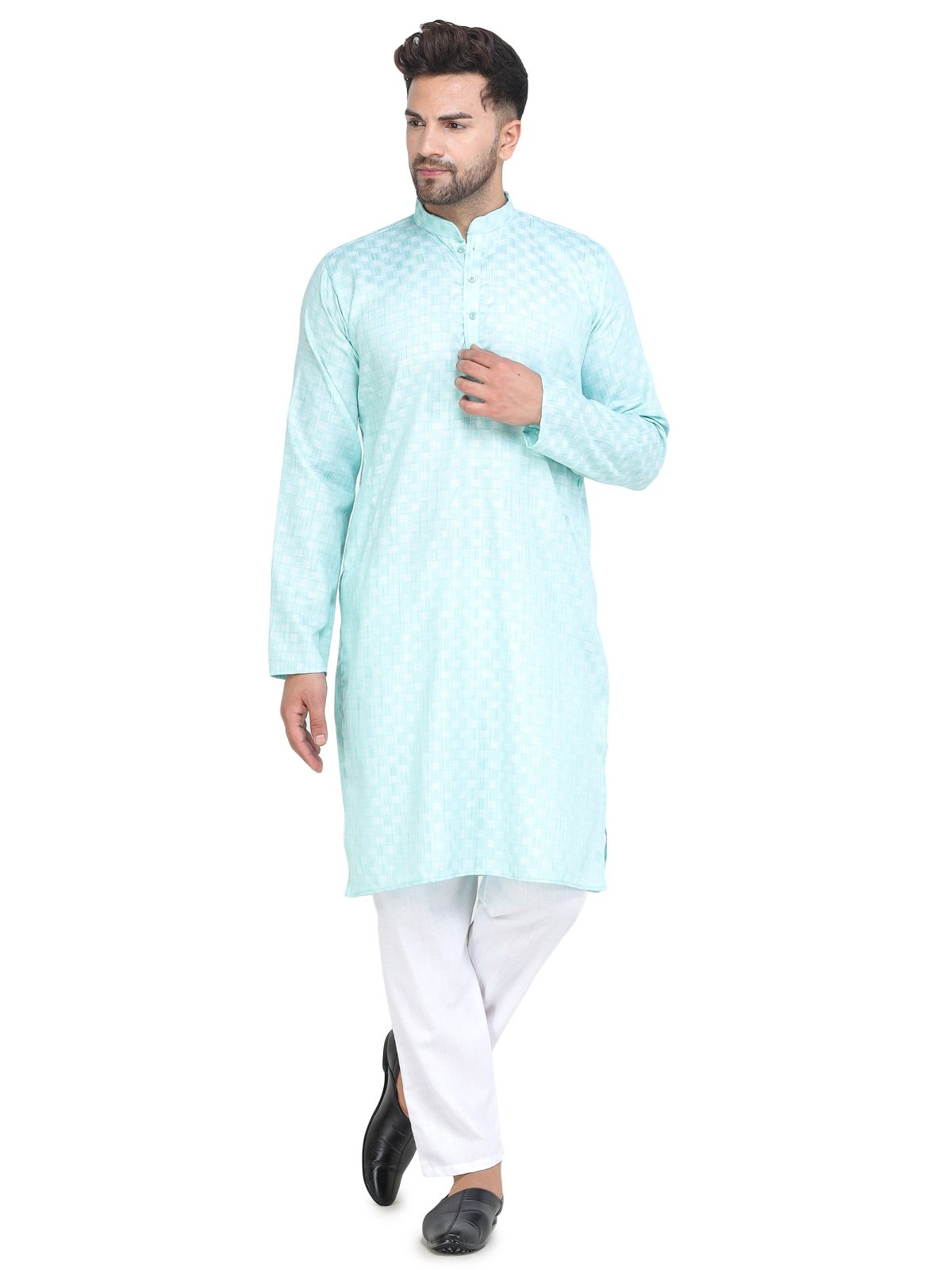 Men's Light Green Casual Cotton Blend Check kurta pyjama set for men