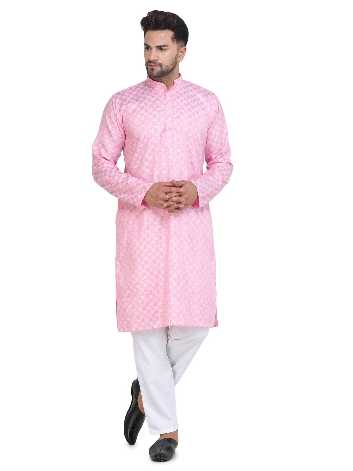 Men's Light Pink Casual Cotton Blend Check kurta pyjama set for men