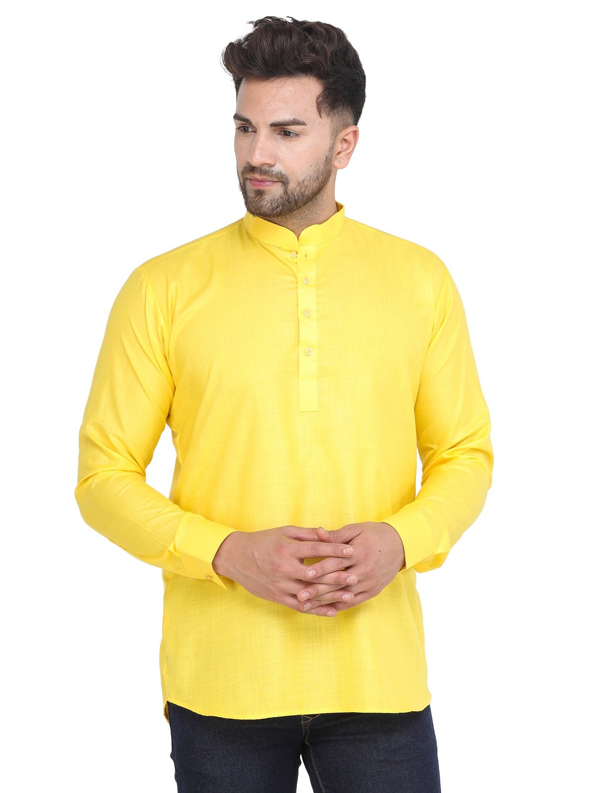 Men's Yellow Casual Cotton Blend Short kurta for men