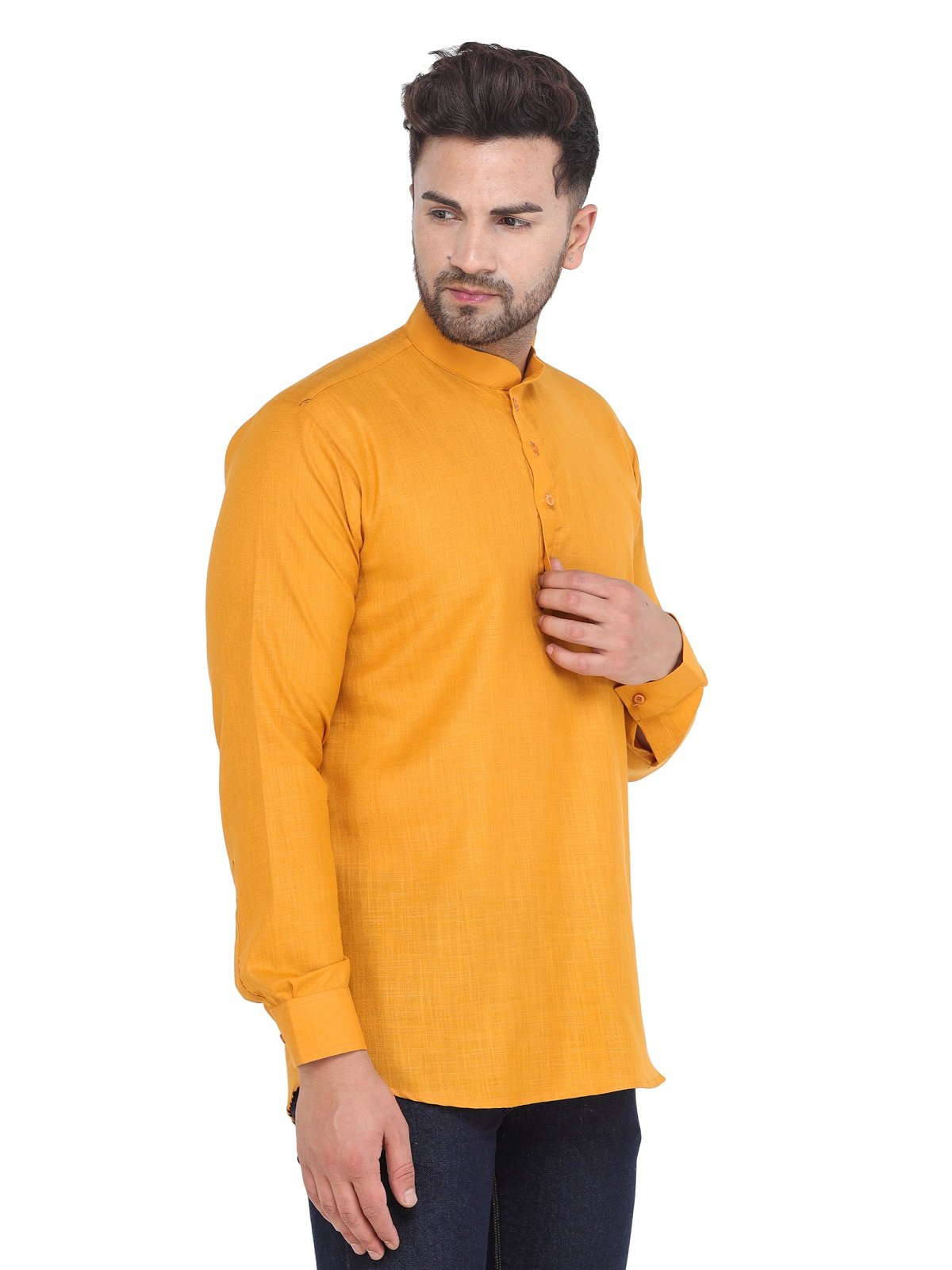 Men's Mustard Casual Cotton Blend Short kurta for men