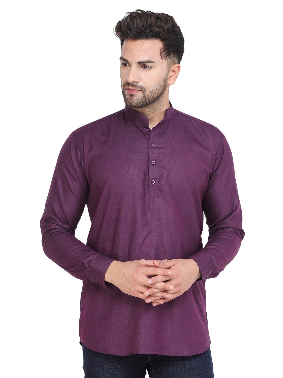 Men's Pink Violet Casual Cotton Blend Short kurta for men