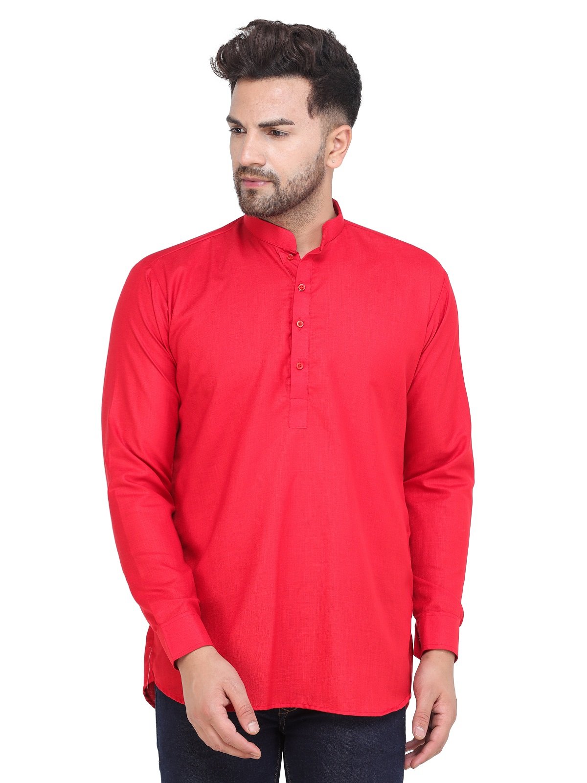 Men's Red Casual Cotton Blend Short kurta for men