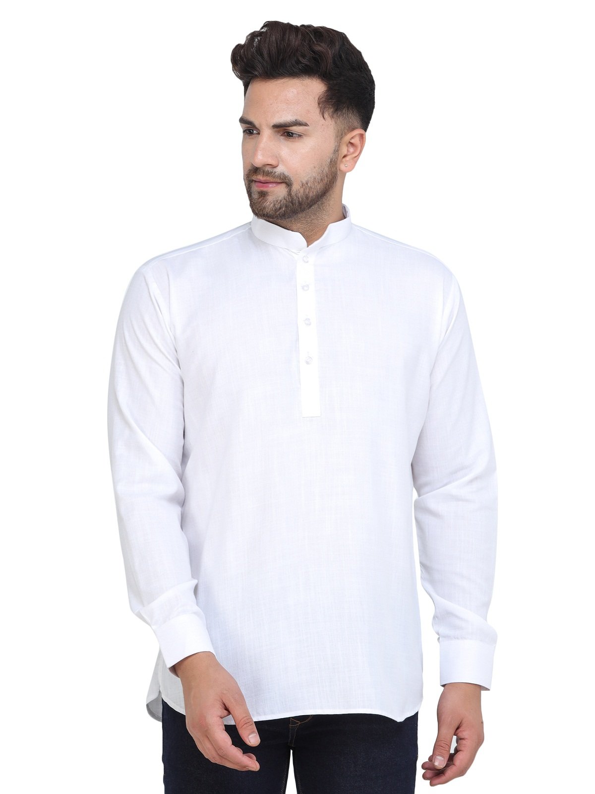 Men's White Casual Cotton Blend Short kurta for men