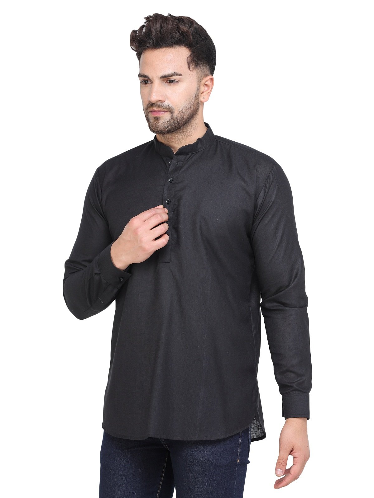 Men's Black Casual Cotton Blend Short kurta for men