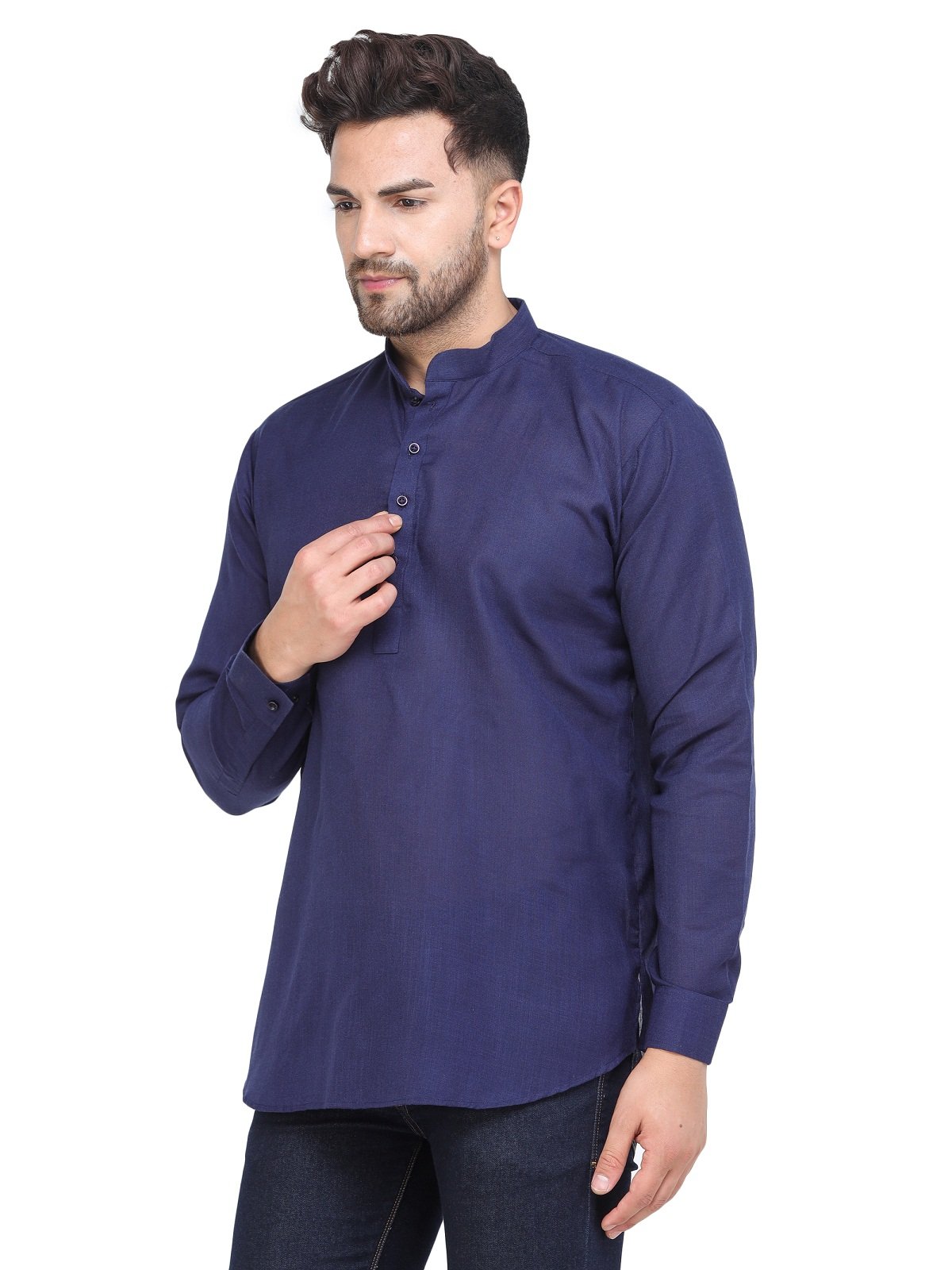 Men's Navy Blue Casual Cotton Blend Short kurta for men