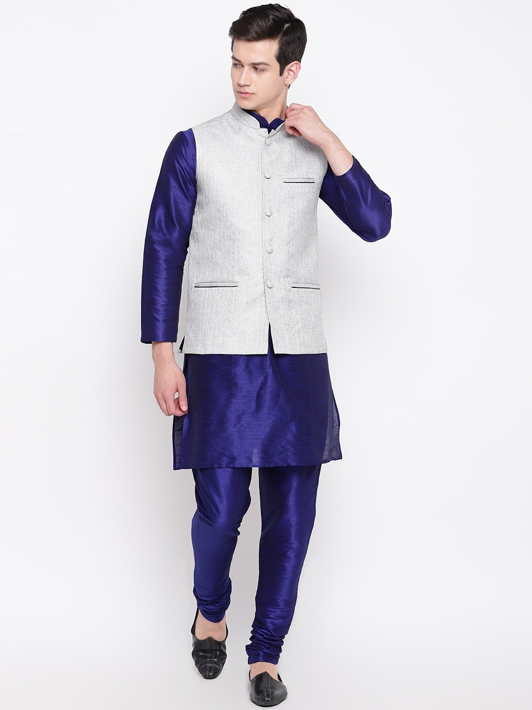 Mag Men's Royal Blue Matching Kurta Churidar With Gray Joot Waiscoat For Men