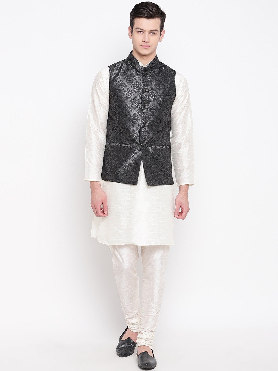 Mag Men's Cream Matching Kurta Churidar With Black 1st Waiscoat