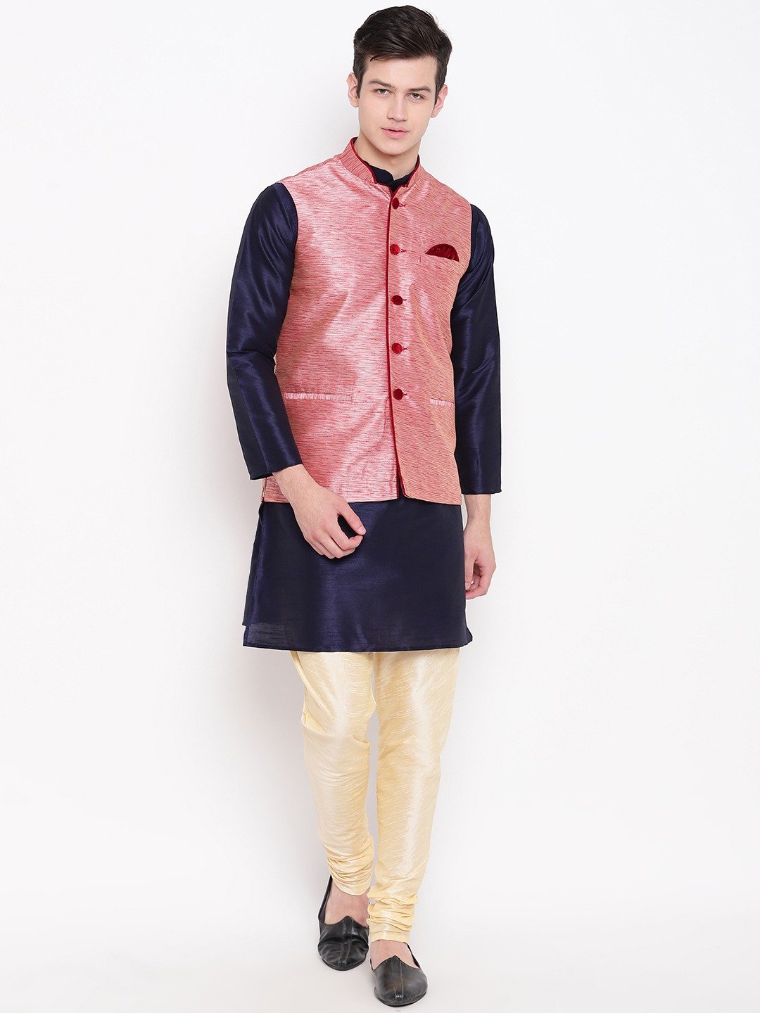 Mag Men's Navy Blue Kurta Gold Churidar With Pink Waiscoat For Men