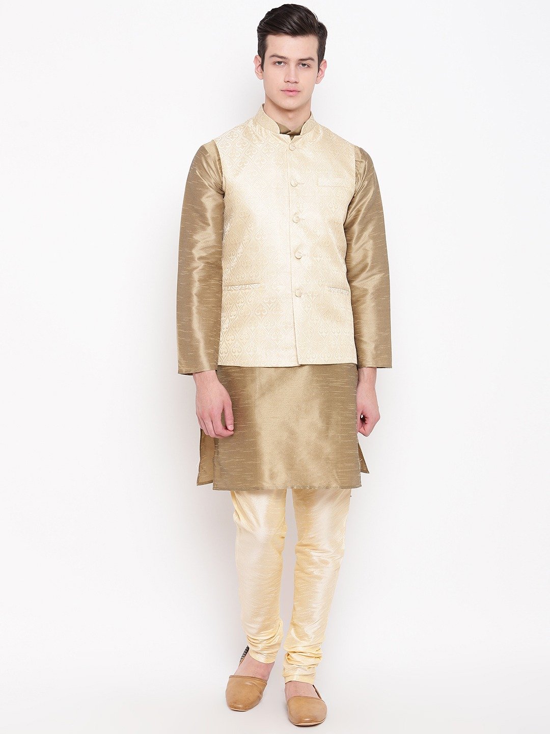 Mag Men's Copper Gold Kurta Gold Churidar With New Gold Waiscoat For Men