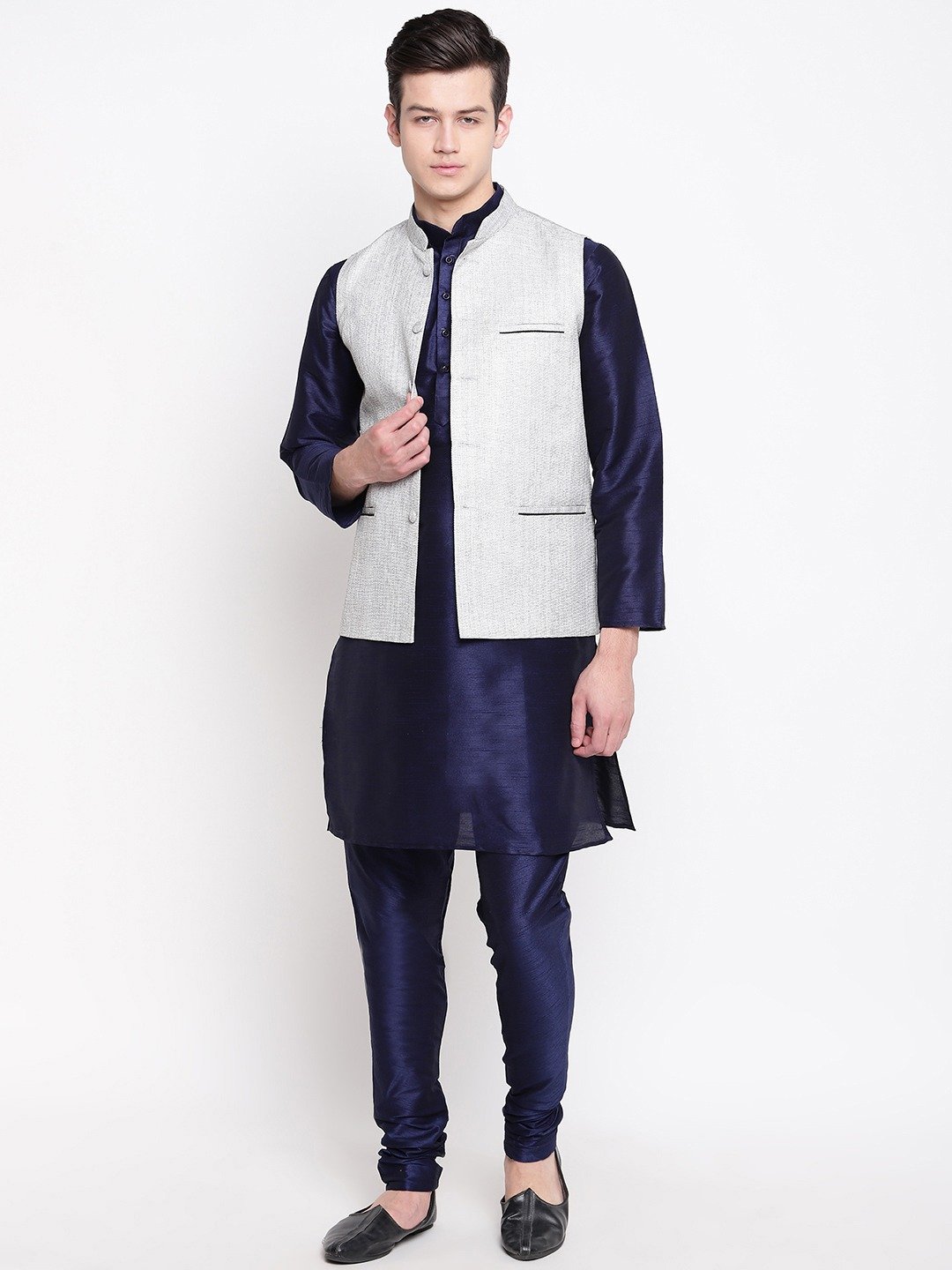 Mag Men's Navy Blue Matching Kurta Churidar With Gray Joot Waiscoat  For Men