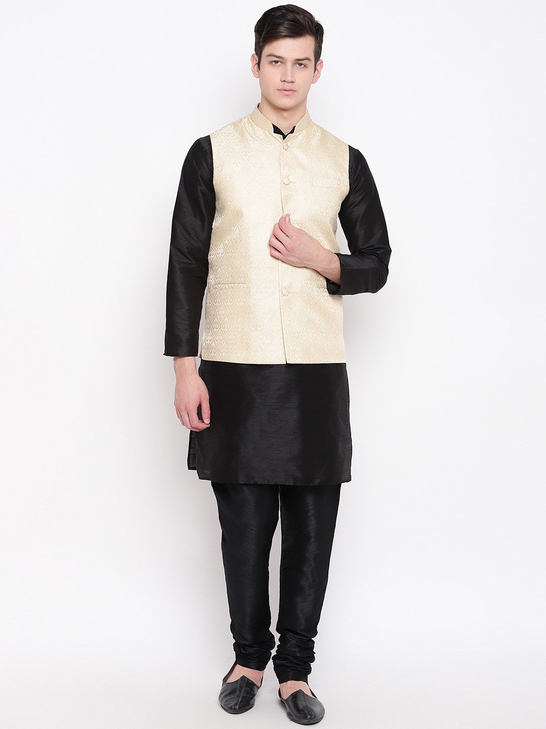 Mag Men's Black Matching Kurta Churidar With New Gold Waiscoat For Men