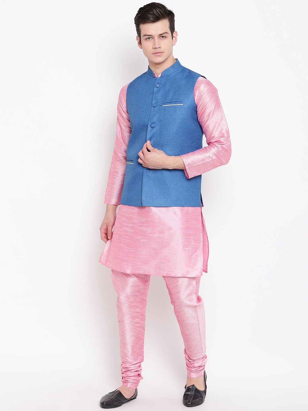 Mag Men's Pink Matching Kurta Churidar With Sky Blue Joot Waiscoat  For Men