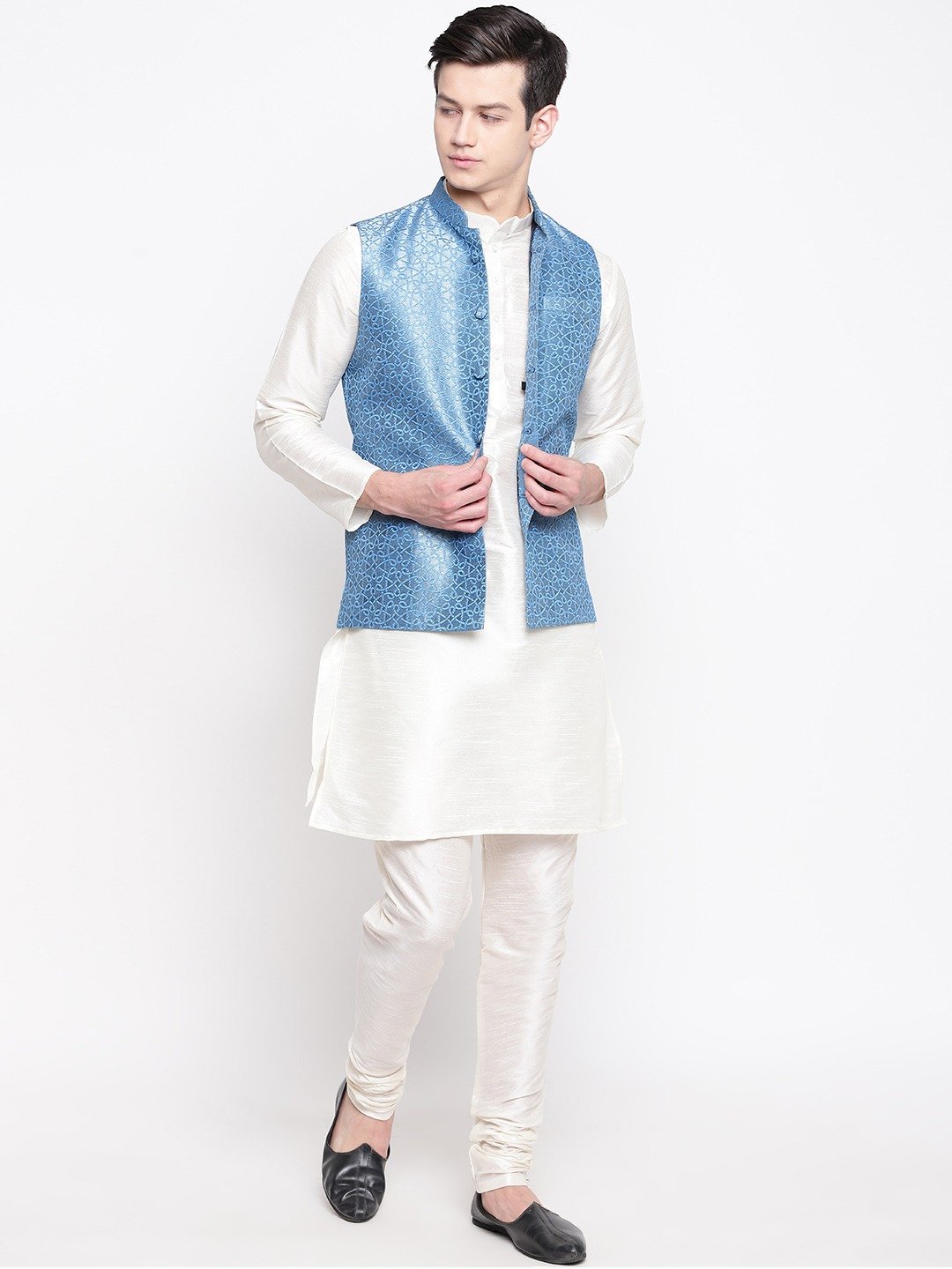 Mag Men's White Matching Kurta Churidar With Banarsi Sky Blue Waiscoat For Men