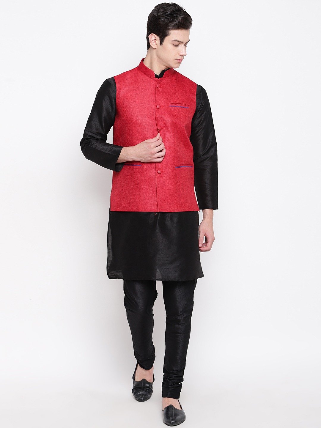 Mag Men's Black Matching Kurta Churidar With Red Joot Waiscoat