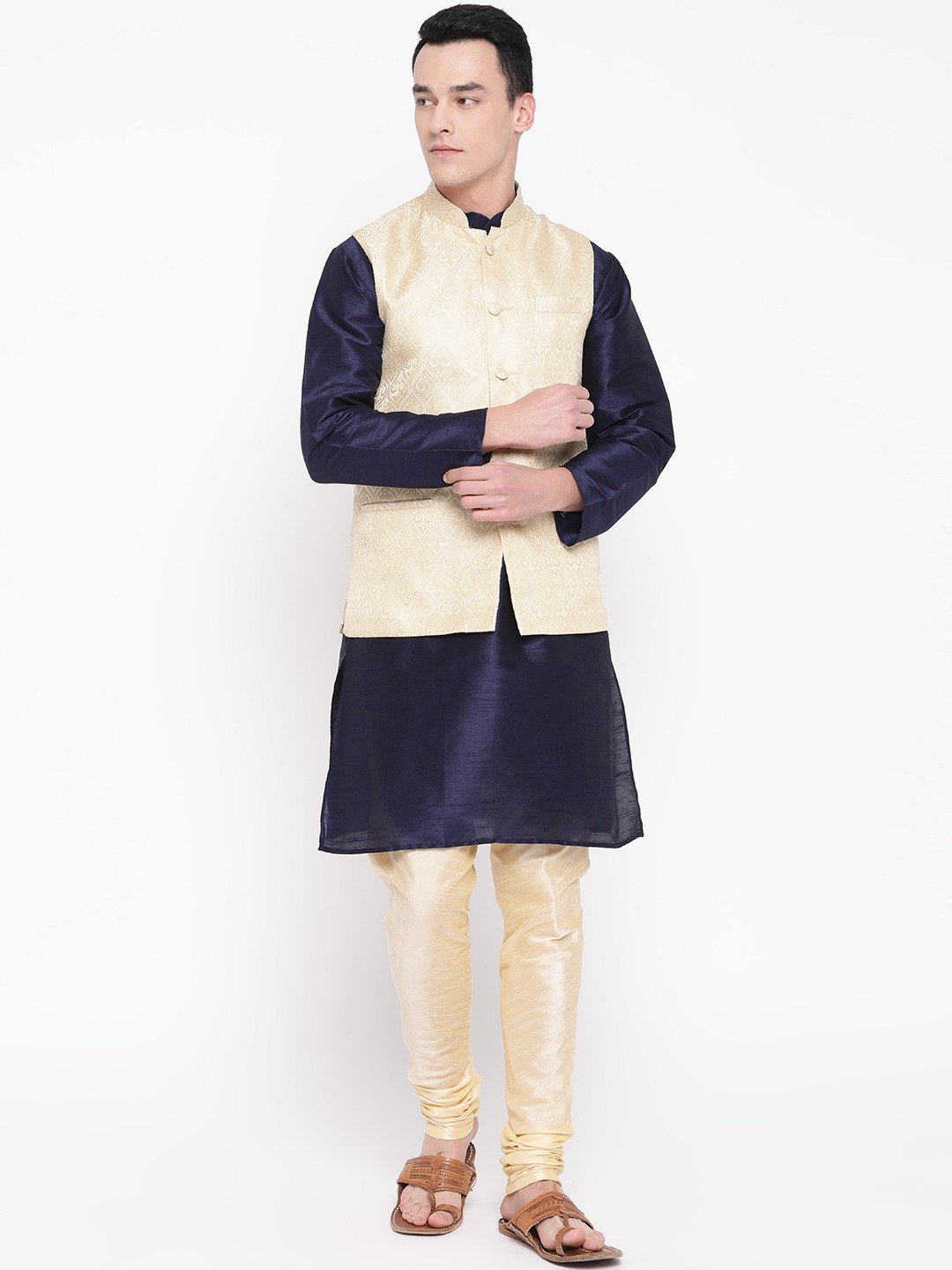 Mag Men's Navy Blue Kurta Gold Churidar With New Gold Waiscoat For Men
