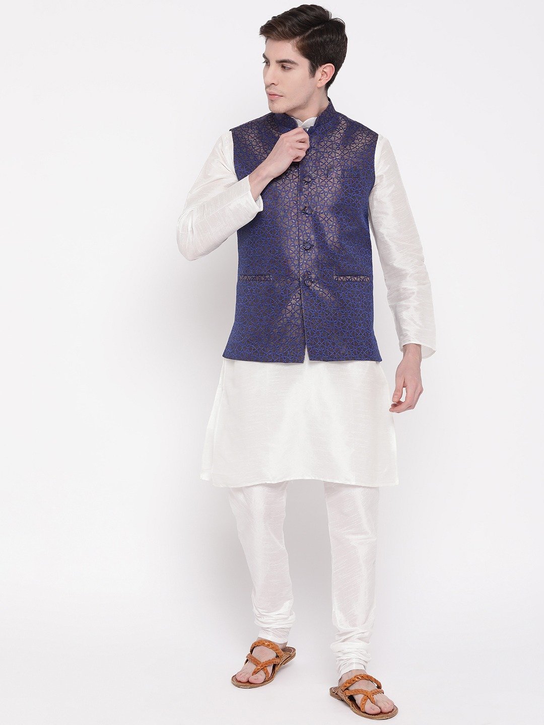 Mag Men's White Matching Kurta Churidar With Banarsi Royal Blue Waiscoat For Men