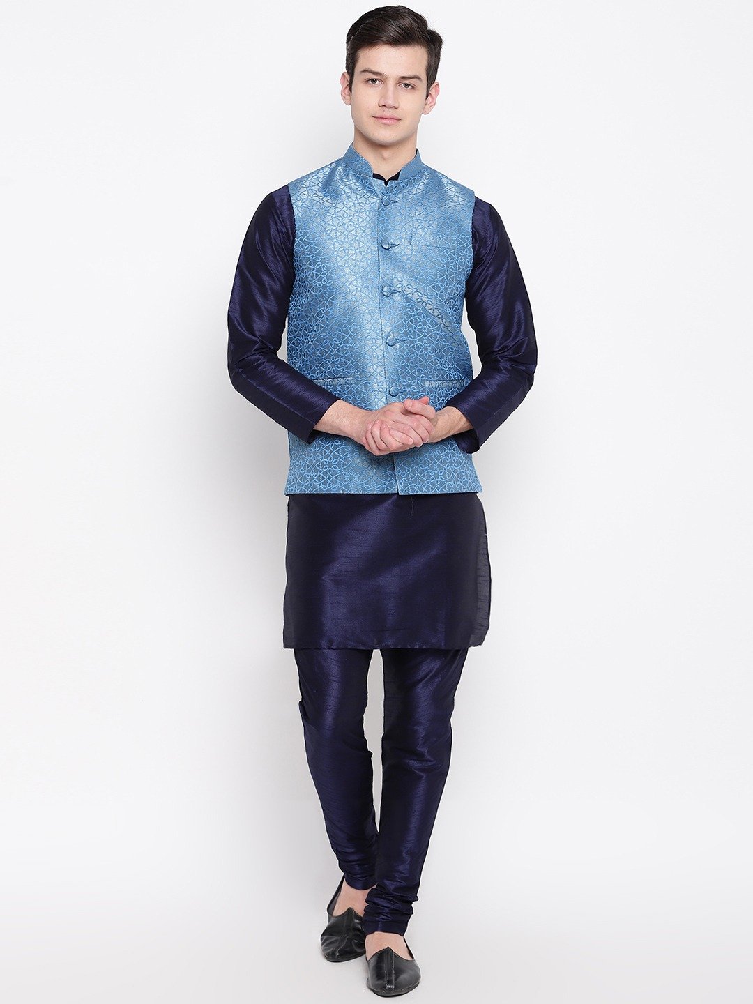 Mag Men's Navy Blue Matching Kurta Churidar With Banarsi Sky Blue Waiscoad For Men