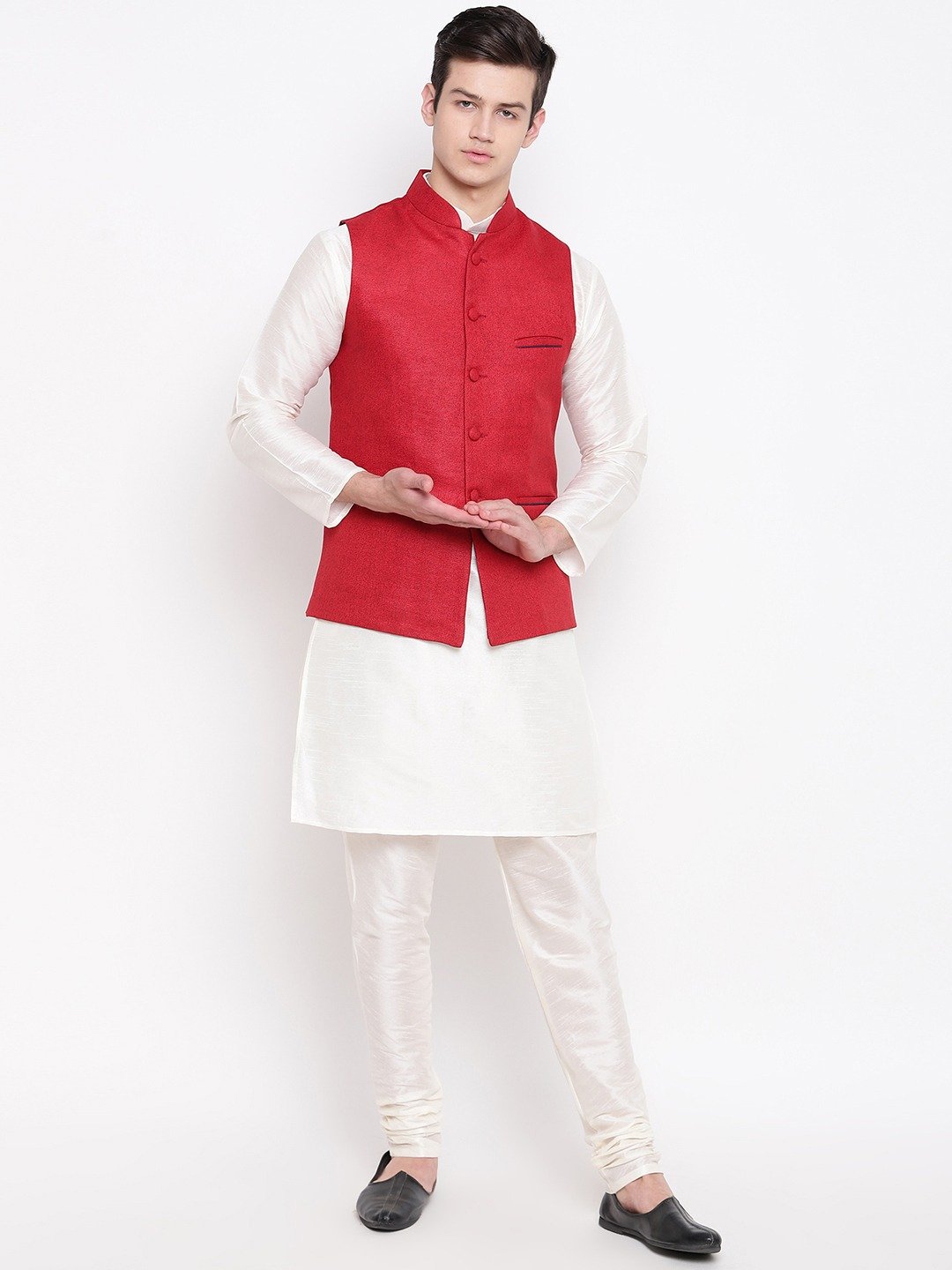 Mag Men's White Matching Kurta Churidar With Red Joot Waiscoat