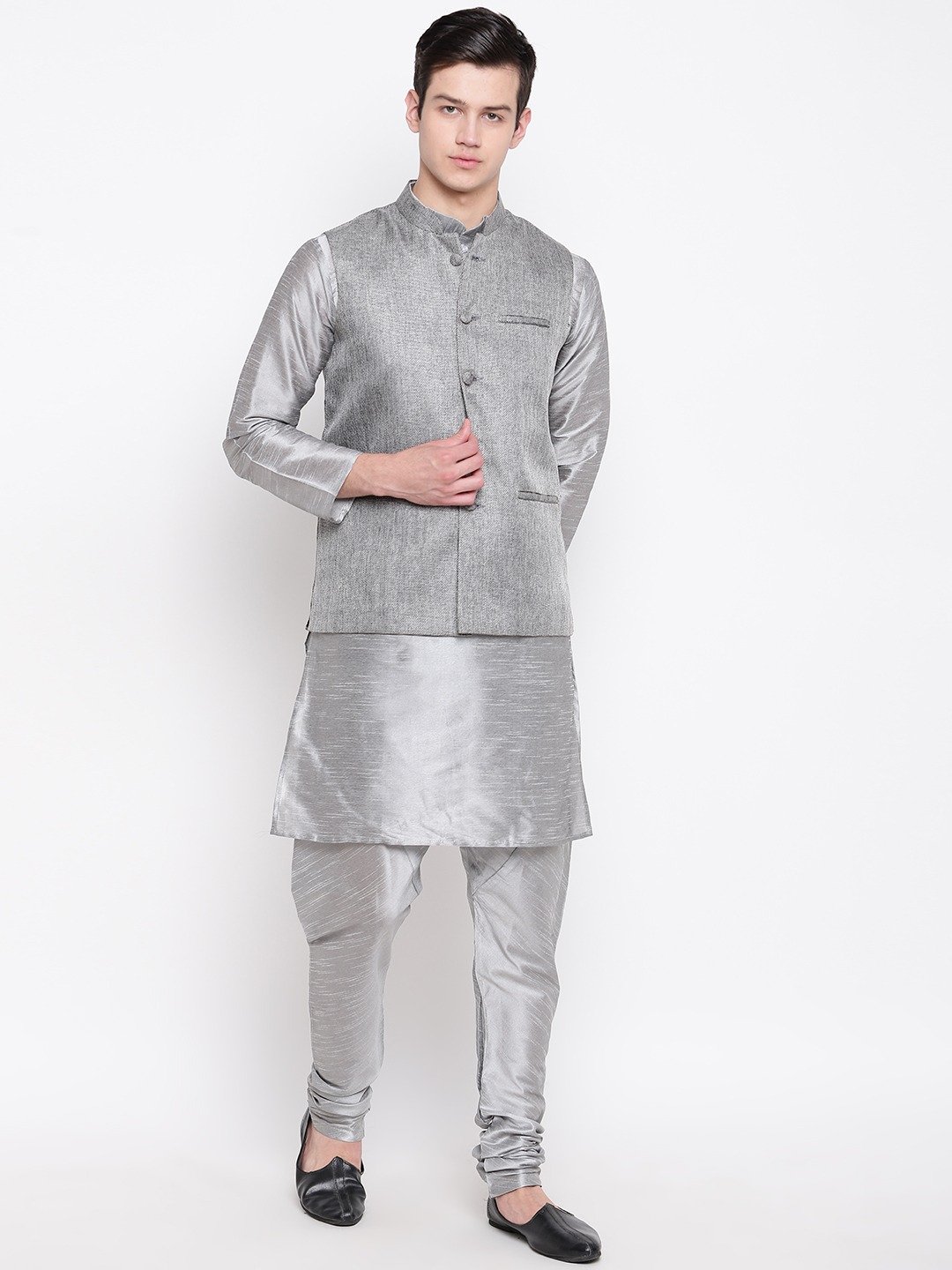 Mag Men's Silver Matching Kurta Churidar With Gray 1st Joot Waiscoat For Men