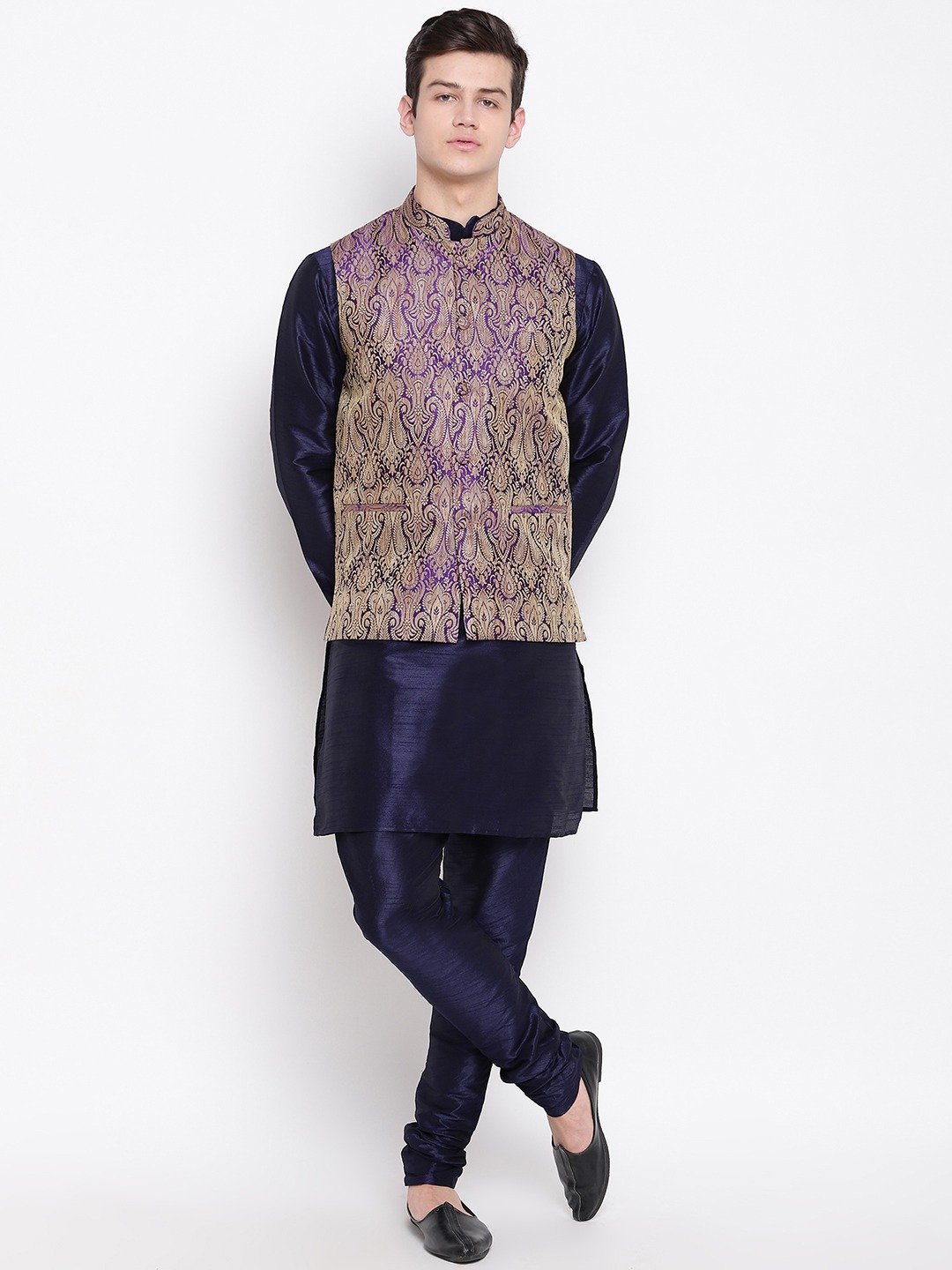 Mag Men's Navy Blue Matching Kurta Churidar With Purple Waiscoat For Men