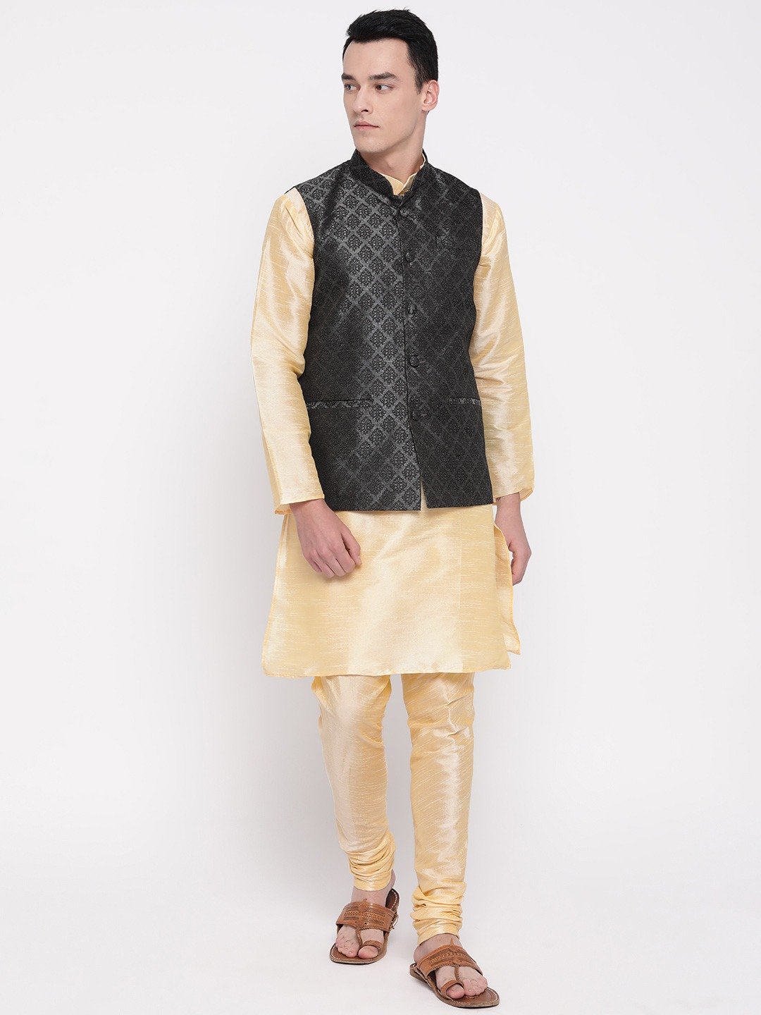 Mag Men's Gold Maching Kurta Churidar With Black 2nd  Waiscoat For Men