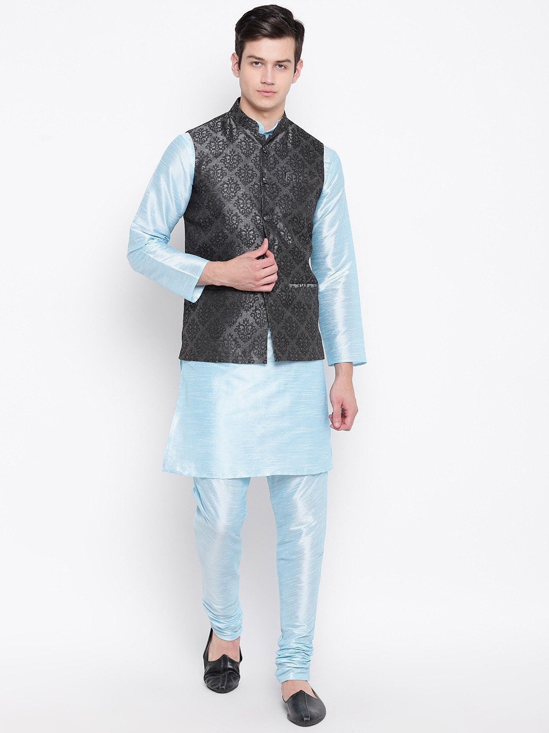 Mag Men's Sky Blue Matching Kurta Churiudar With Black 1st Waiscoat For Men
