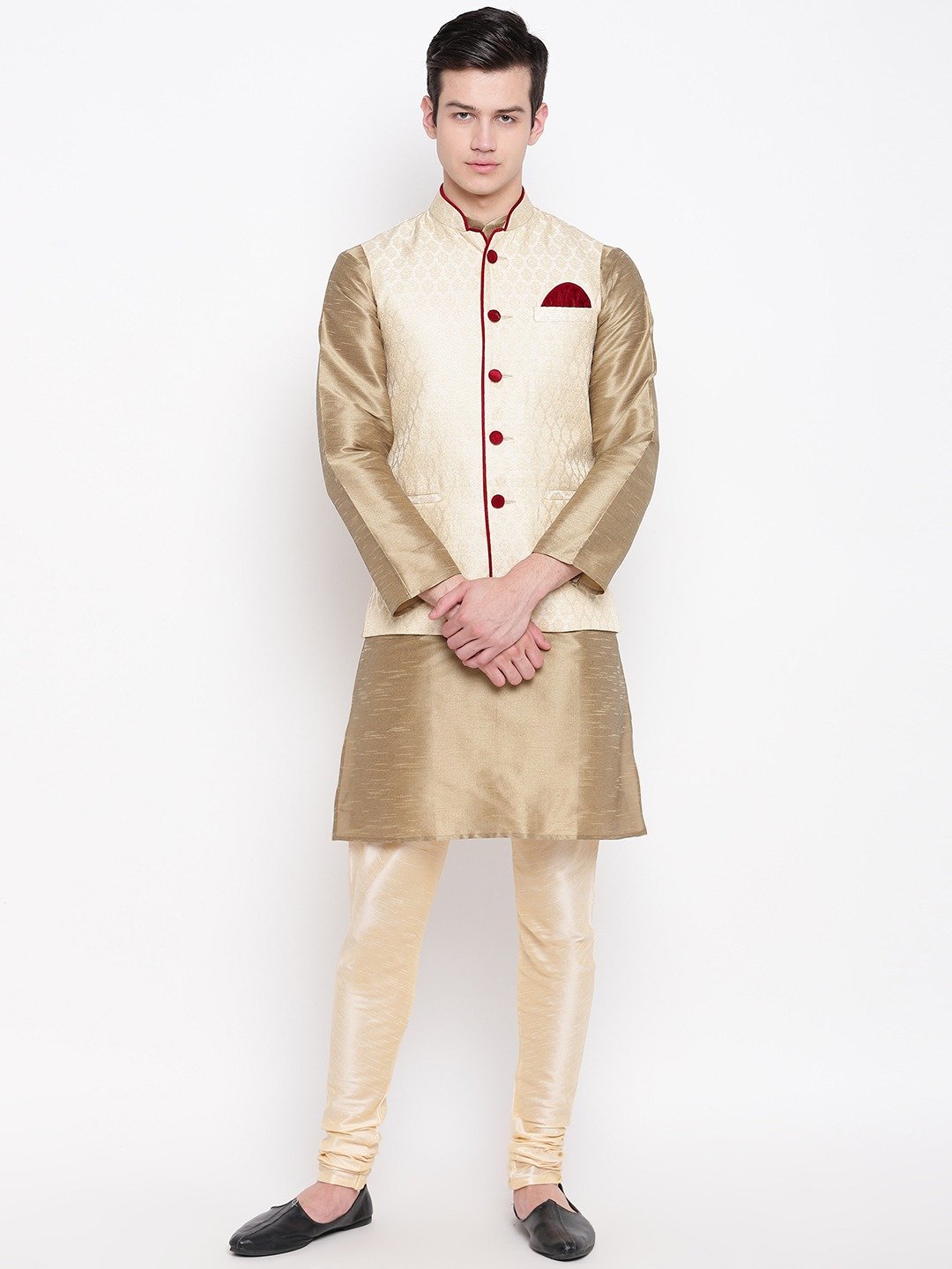 Mag Men's Copper Gold Kurta Gold Churidar With Gold Waiscoat For Men