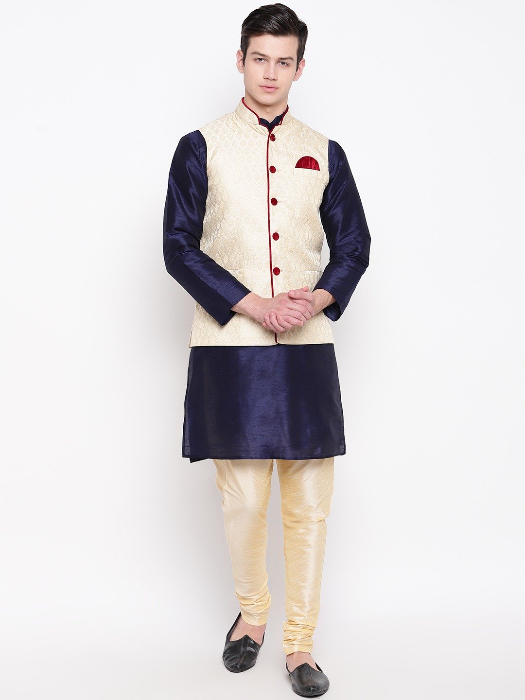 Mag Men's Navy Blue Kurta Gold Churidar With Gold Waiscoat For Men