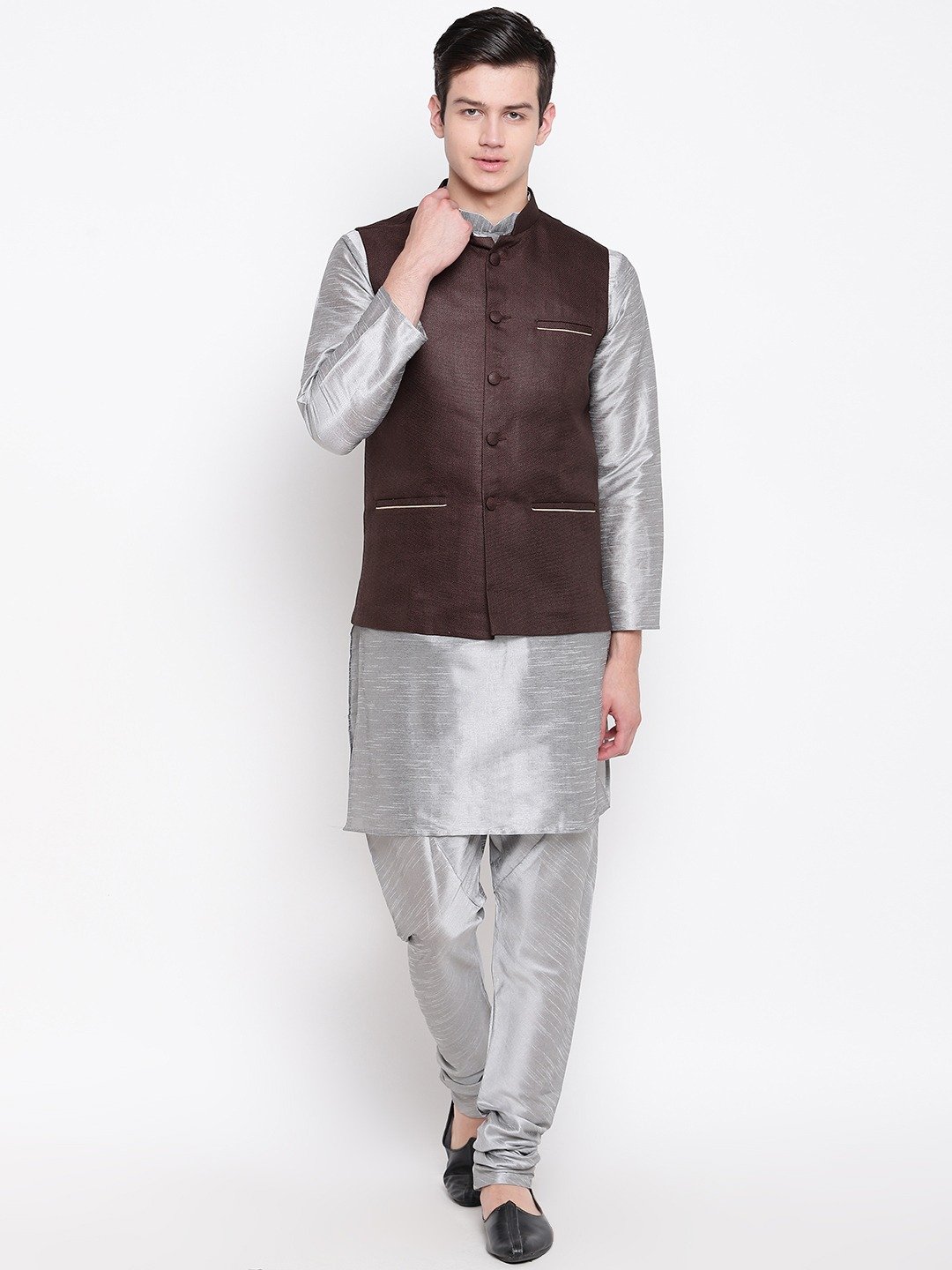 Mag Men's Silver Matching Kurta Churidar With Pink Voilet Waiscoat  For Men