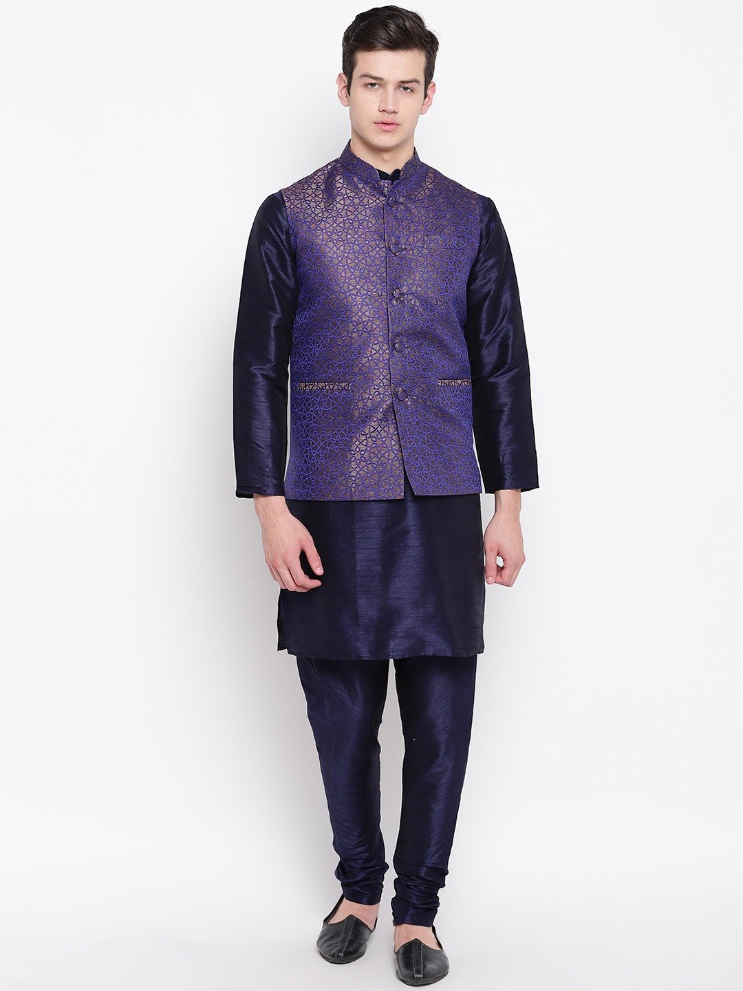 Mag Men's Navy Blue Kurta Churidar With Royal Blue Waiscoat  For Men
