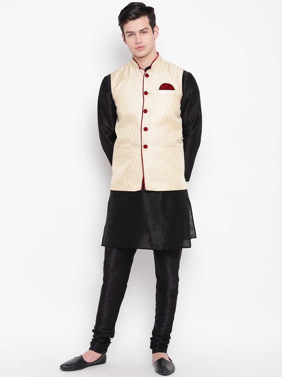 Mag Men's Black Matching Kurta Churidar With Gold waiscoat For Men