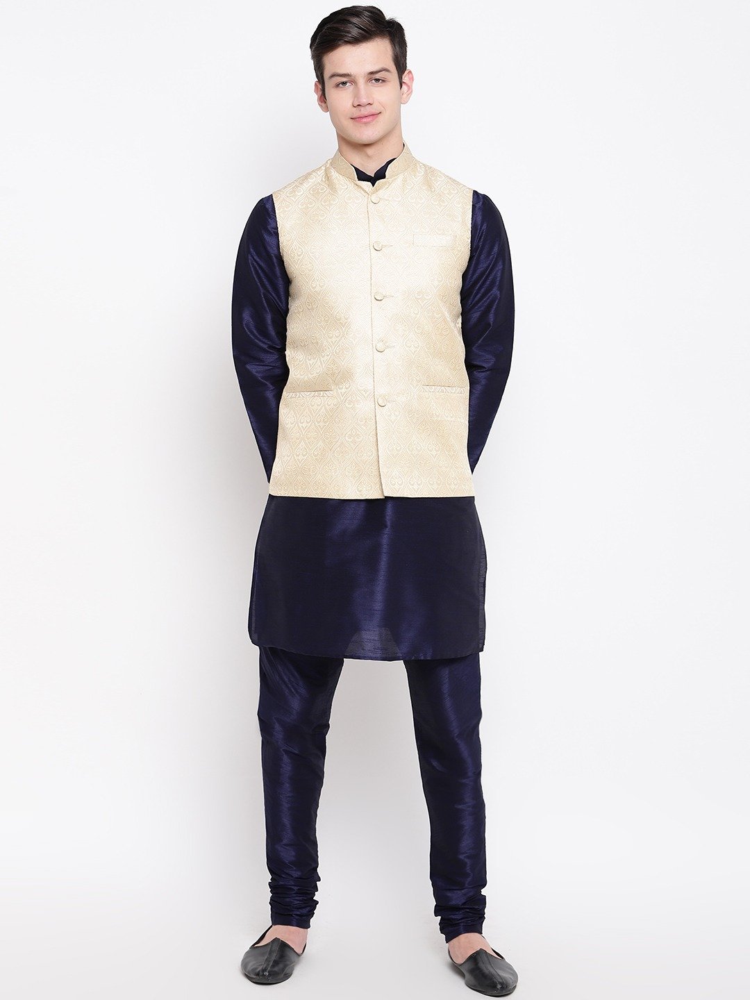 Mag Men's Navy Blue Matching Kurta Churidar With New Gold Waiscoat  For Men