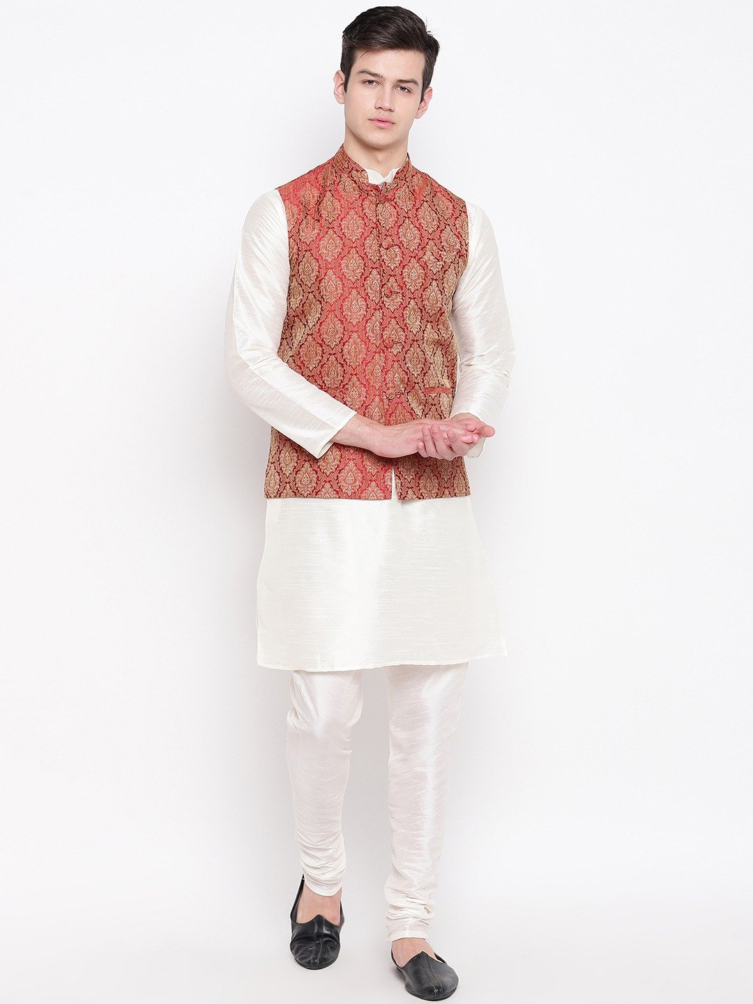 Mag Men's Cream Matching Kurta Churidar With Mahroon Waiscoat  For Men