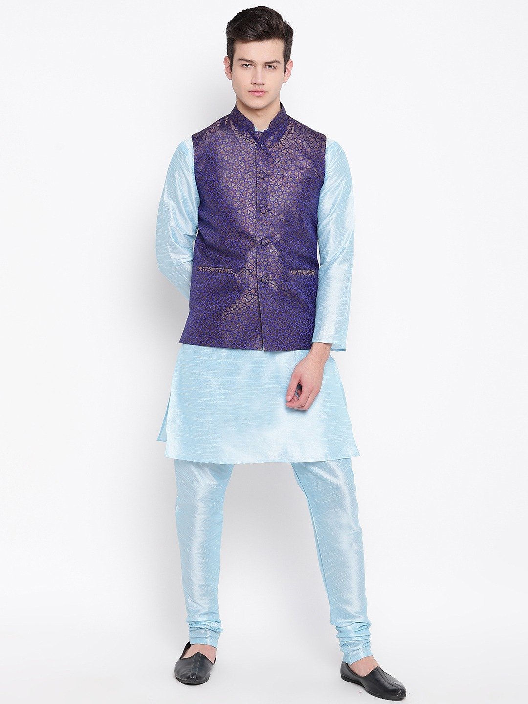 Mag Men's Sky Blue Matching Kurta Churiudar With Banarsi Royal Blue Waiscoat For Men