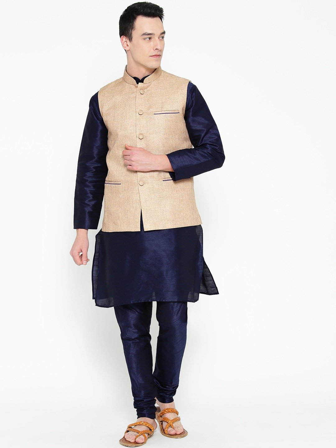 Mag Men's Navy Blue Matching Kurta Churidar With Coffee Joot Waiscoat For Men